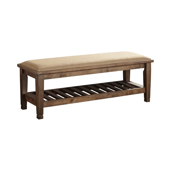 Franco Bench with Lower Shelf Beige and Burnished Oak - Visions in Furniture (La Mirada, CA)