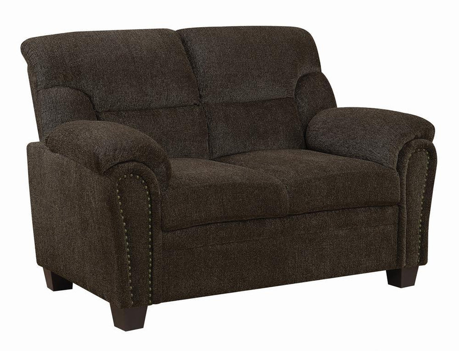 Clementine Upholstered Loveseat with Nailhead Trim Brown - Visions in Furniture (La Mirada, CA)