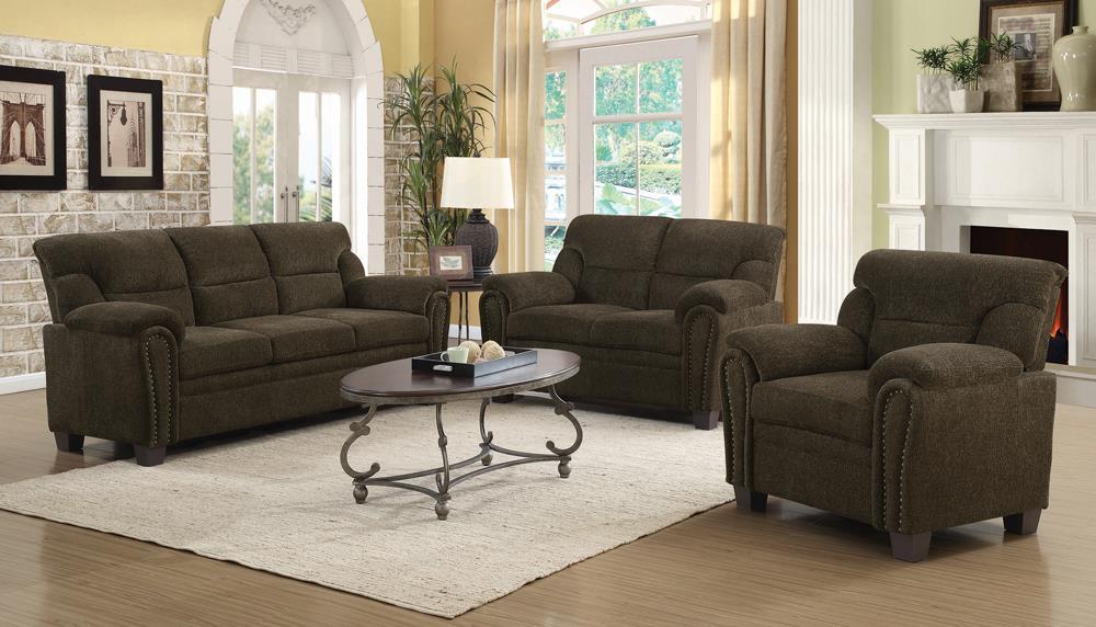 Clementine Upholstered Loveseat with Nailhead Trim Brown - Visions in Furniture (La Mirada, CA)