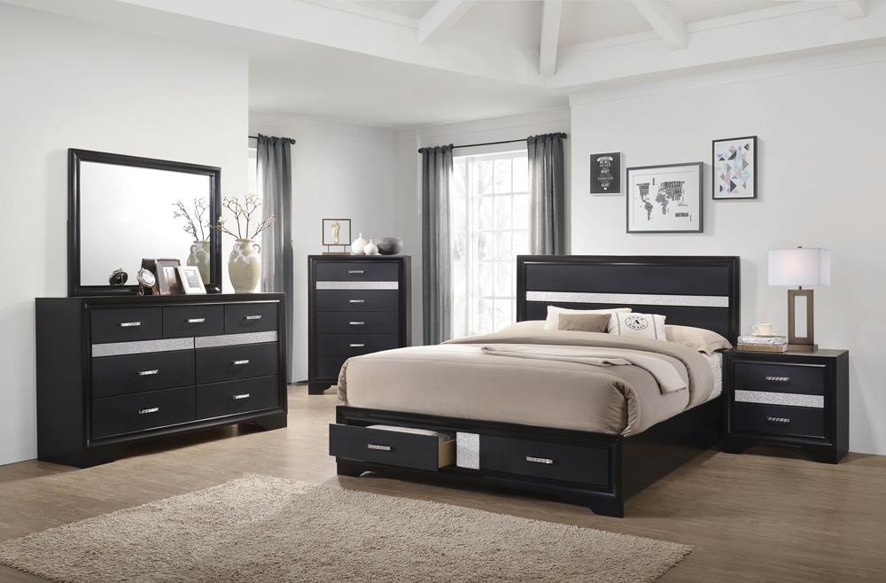 Miranda California King. E.King, & Queen 2-drawer Storage Bed Black & White - Visions in Furniture (La Mirada, CA)