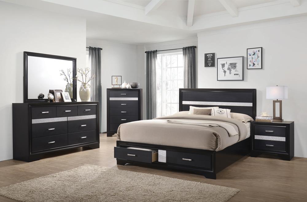 Miranda California King. E.King, & Queen 2-drawer Storage Bed Black & White - Visions in Furniture (La Mirada, CA)