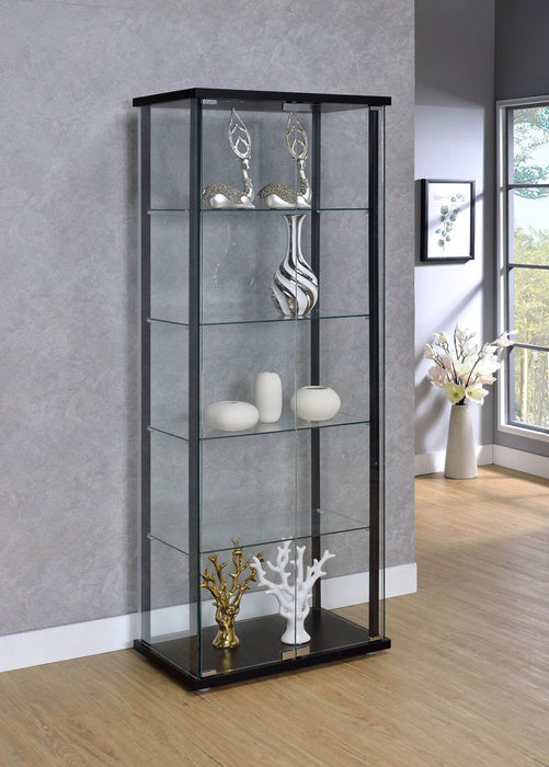 Delphinium 5-shelf Glass Curio Cabinet Black and Clear - Visions in Furniture (La Mirada, CA)