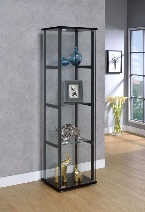 Cyclamen 4-shelf Glass Curio Cabinet Black and Clear - Visions in Furniture (La Mirada, CA)