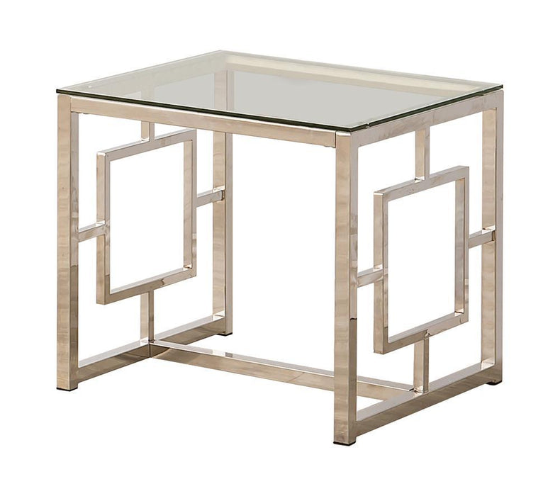 Merced Square Tempered Glass Top End Table Nickel - Visions in Furniture (La Mirada, CA)