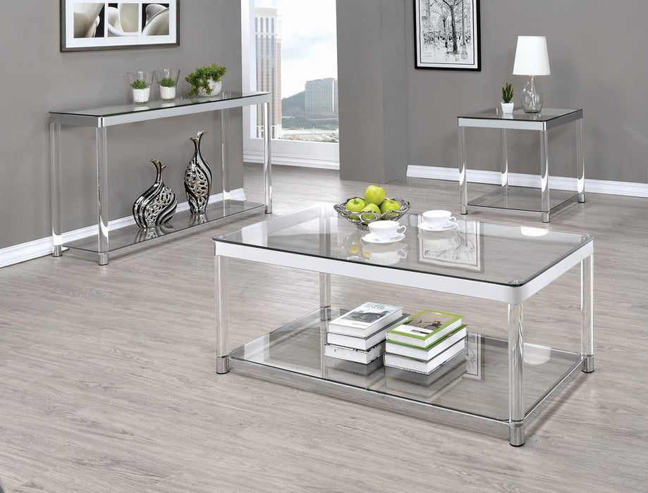 Anne End Table with Lower Shelf Chrome and Clear - Visions in Furniture (La Mirada, CA)