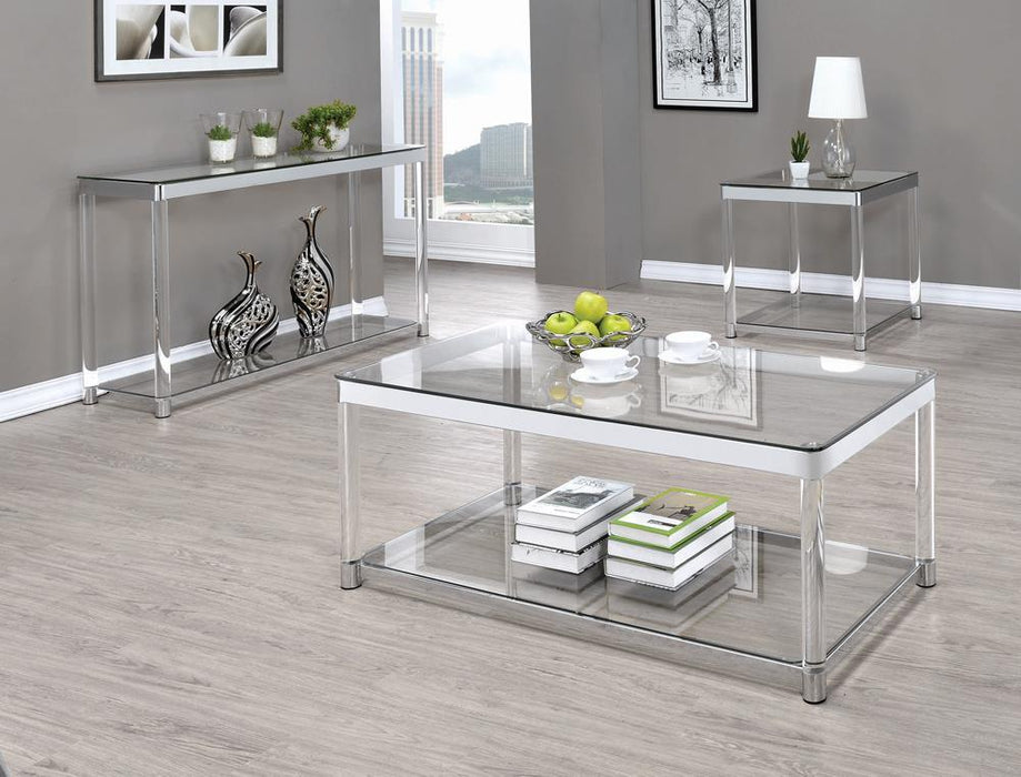 Anne Sofa Table with Lower Shelf Chrome and Clear - Visions in Furniture (La Mirada, CA)