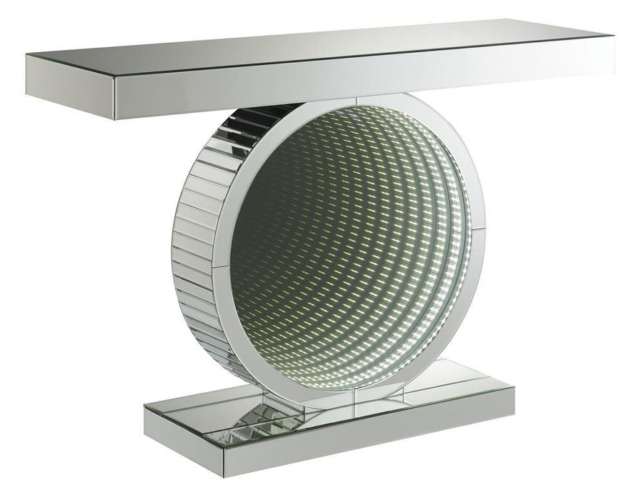 Angelonia Rectangular Console Table with Circular Base Clear Mirror - Visions in Furniture (La Mirada, CA)