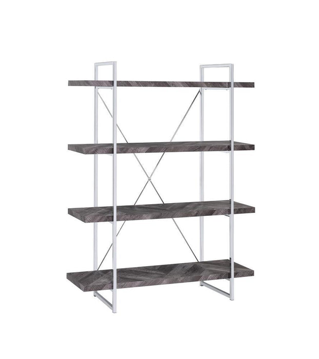 Grimma 4-shelf Bookcase Rustic Grey Herringbone - Visions in Furniture (La Mirada, CA)