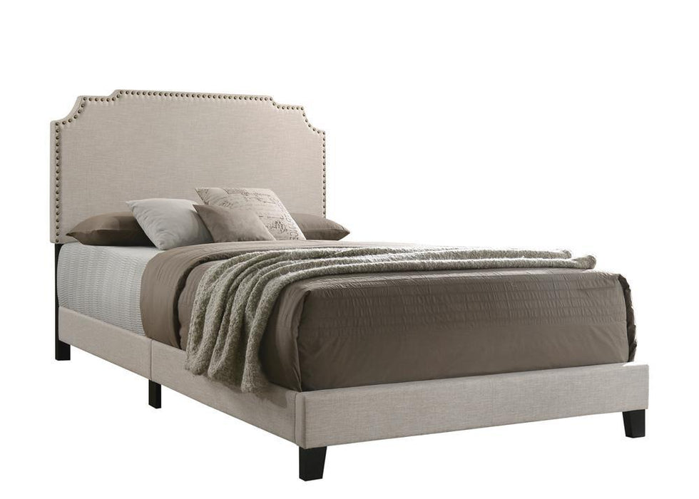 Tamarac Upholstered Nailhead Queen Bed Beige - Visions in Furniture (La Mirada, CA)
