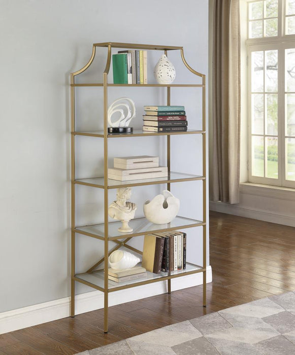 Serena 5-tier Tempered Glass Shelves Bookcase Matte Gold - Visions in Furniture (La Mirada, CA)