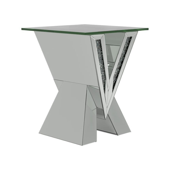 Taffeta V-shaped End Table with Glass Top Silver - Visions in Furniture (La Mirada, CA)