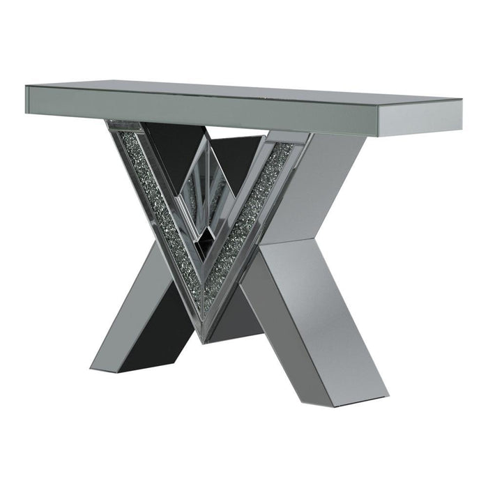 Taffeta V-shaped Sofa Table with Glass Top Silver - Visions in Furniture (La Mirada, CA)