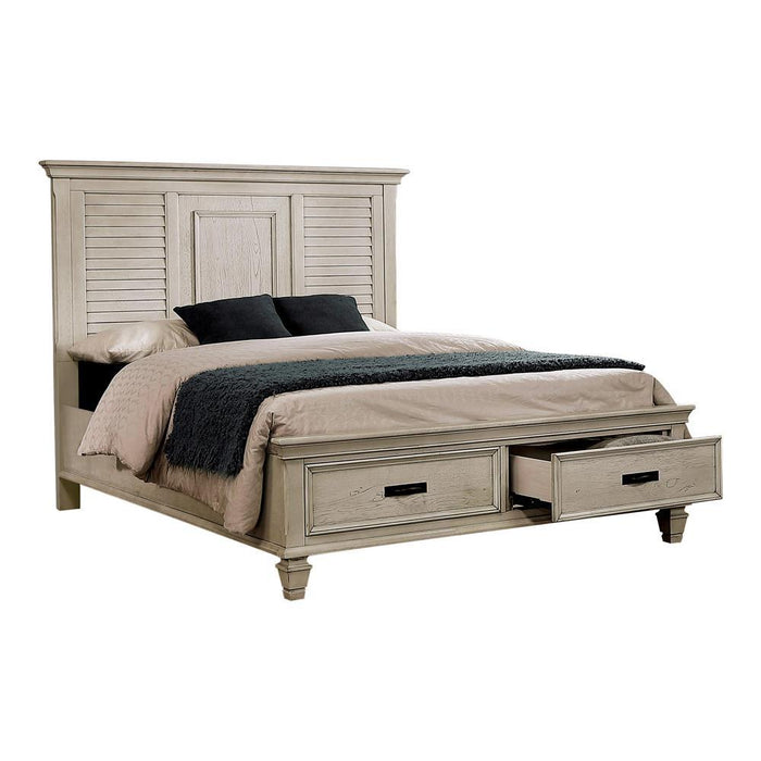 Franco Eastern King Storage Bed Antique White - Visions in Furniture (La Mirada, CA)