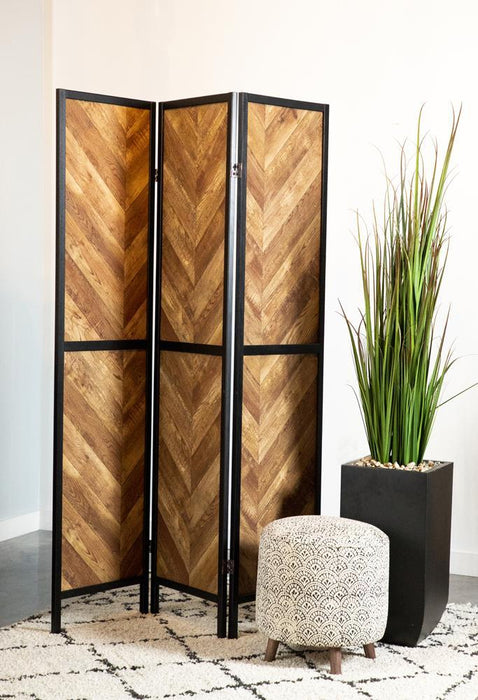 Marlene Herringbone Pattern 3-panel Screen Rustic Tobacco and Black - Visions in Furniture (La Mirada, CA)