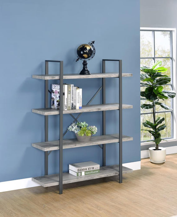 Cole 4-Shelf Bookcase Grey Driftwood and Gunmetal - Visions in Furniture (La Mirada, CA)