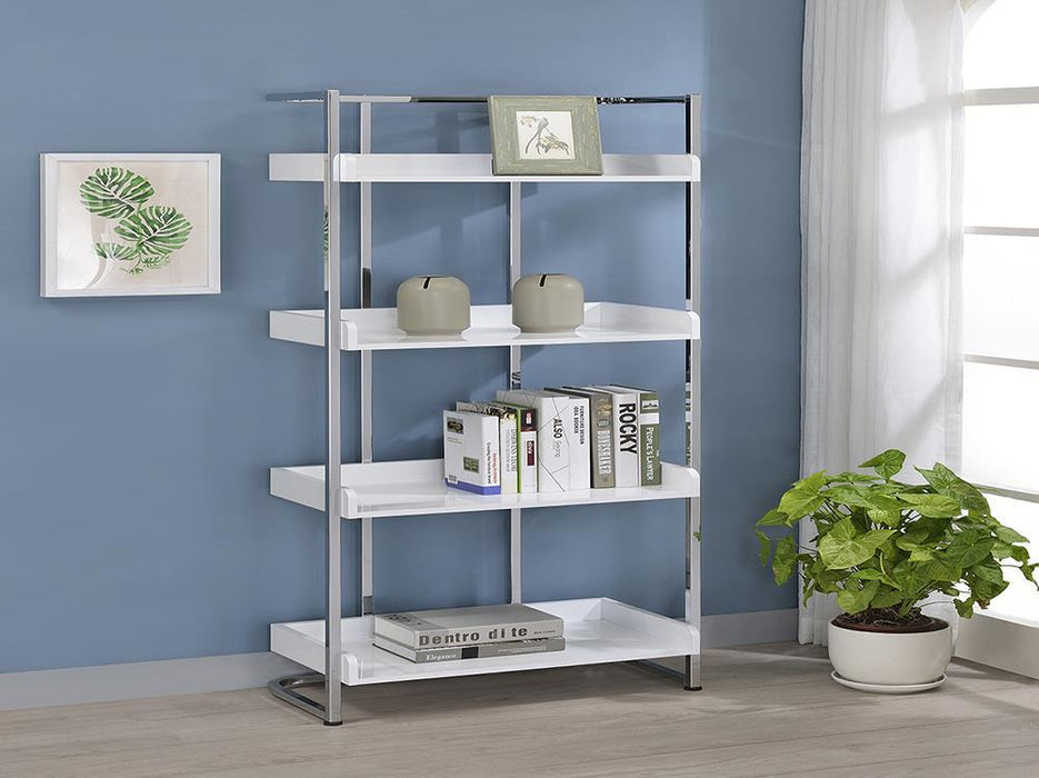Ember 4-shelf Bookcase White High Gloss and Chrome - Visions in Furniture (La Mirada, CA)