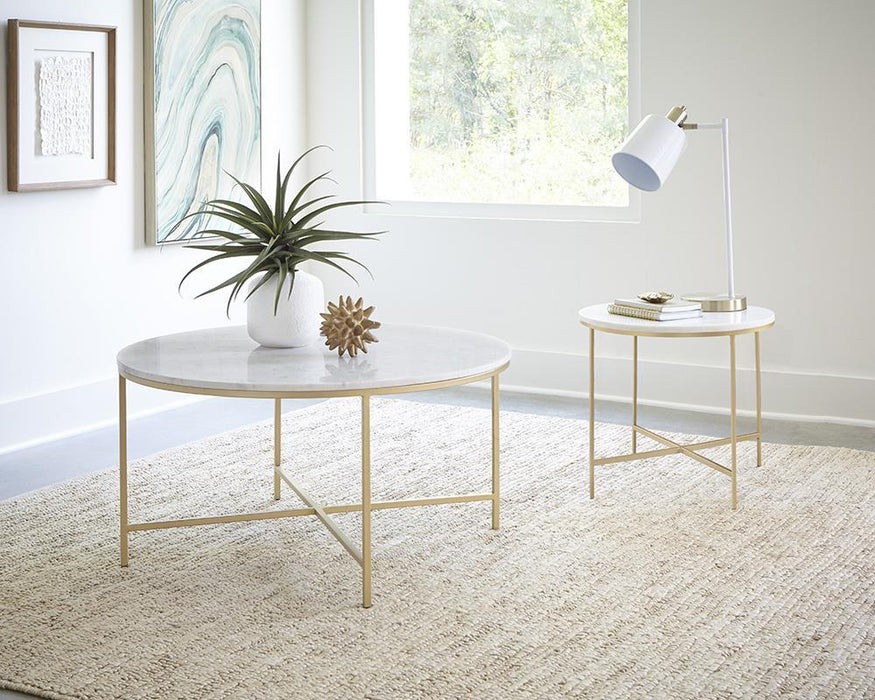 Ellison Round X-cross End Table White and Gold - Visions in Furniture (La Mirada, CA)