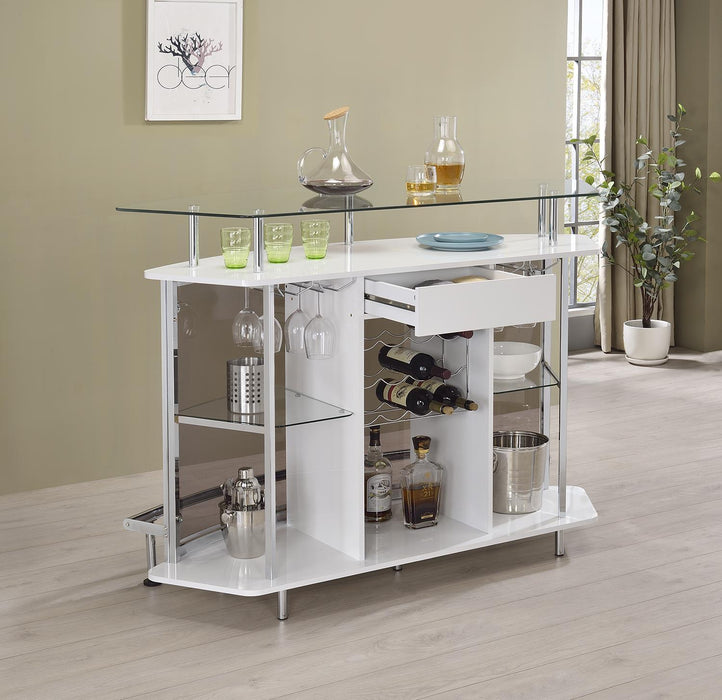 Gideon Crescent Shaped Glass Top Bar Unit with Drawer - Visions in Furniture (La Mirada, CA)