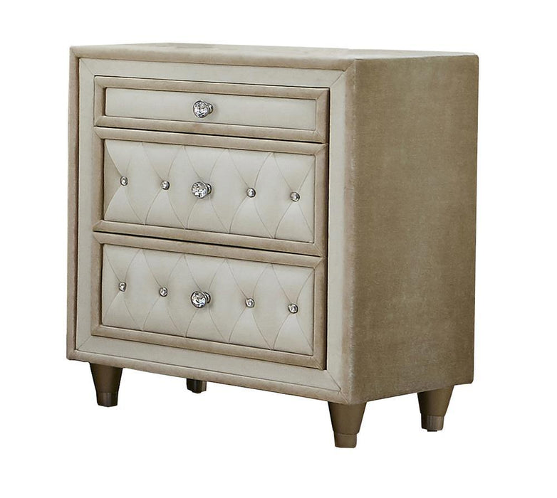 Antonella 3-drawer Upholstered Nightstand Ivory and Camel - Visions in Furniture (La Mirada, CA)