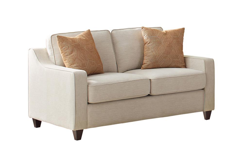 Christine Upholstered Cushion Back Loveseat Beige - Visions in Furniture (La Mirada, CA)