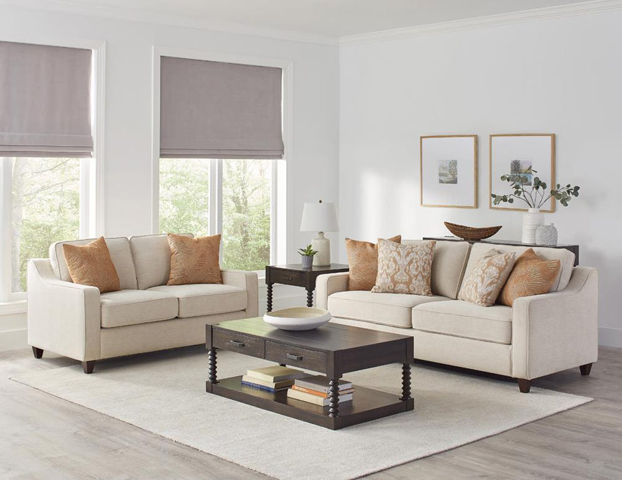 Christine Upholstered Cushion Back Loveseat Beige - Visions in Furniture (La Mirada, CA)