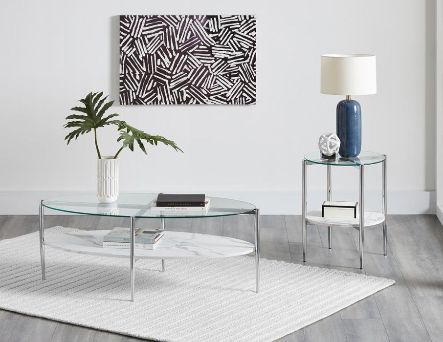 Cadee Round Glass Top End Table Clear and Chrome - Visions in Furniture (La Mirada, CA)