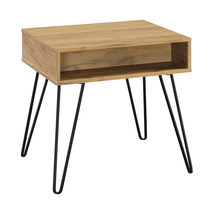 Fanning Square End Table with Open Compartment Golden Oak and Black - Visions in Furniture (La Mirada, CA)