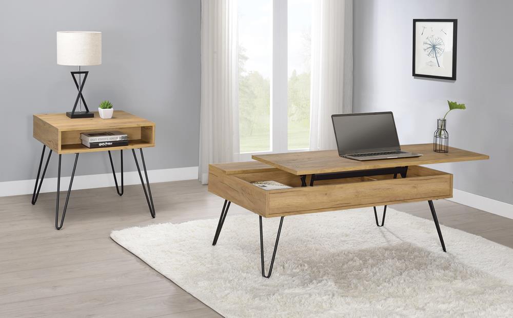 Fanning Square End Table with Open Compartment Golden Oak and Black - Visions in Furniture (La Mirada, CA)