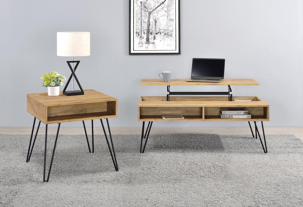 Fanning Square End Table with Open Compartment Golden Oak and Black - Visions in Furniture (La Mirada, CA)