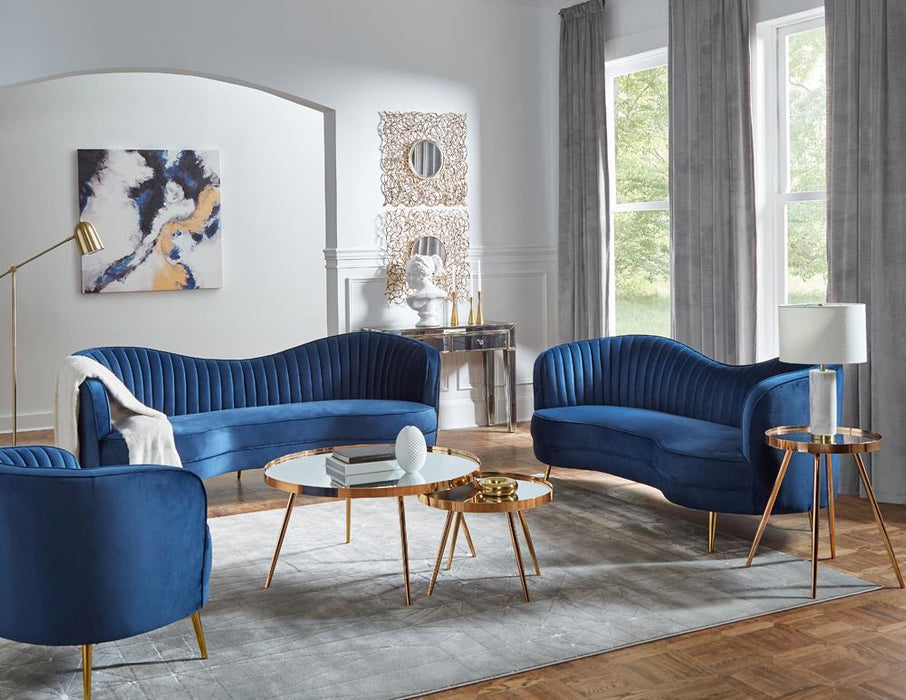 Sophia Upholstered Camel Back Loveseat Blue - Visions in Furniture (La Mirada, CA)