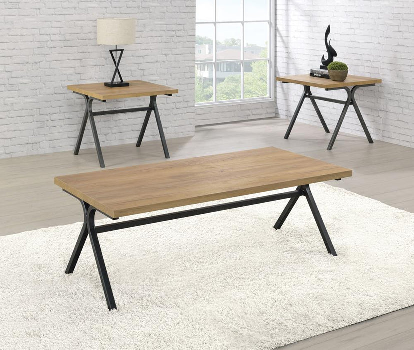 Colmar 3-piece Trestle Occasional Table Set Golden Oak and Gunmetal - Visions in Furniture (La Mirada, CA)