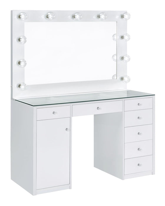 Percy 7-drawer Glass Top Vanity Desk with Lighting White - Visions in Furniture (La Mirada, CA)