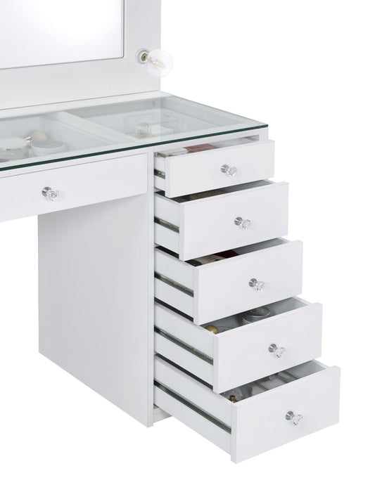 Percy 7-drawer Glass Top Vanity Desk with Lighting White - Visions in Furniture (La Mirada, CA)