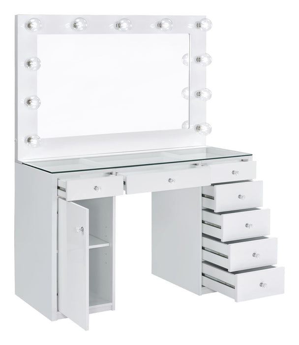 Percy 7-drawer Glass Top Vanity Desk with Lighting White - Visions in Furniture (La Mirada, CA)