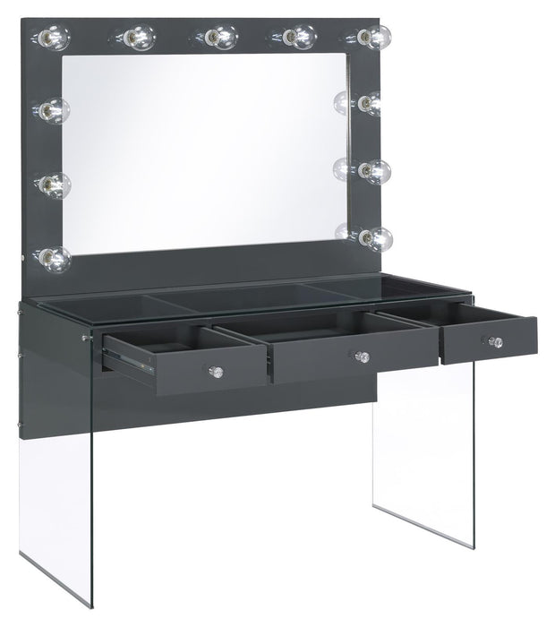 Afshan 3-drawer Vanity Desk with Lighting Mirror Grey High Gloss - Visions in Furniture (La Mirada, CA)