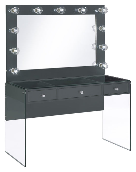 Afshan 3-drawer Vanity Desk with Lighting Mirror Grey High Gloss - Visions in Furniture (La Mirada, CA)