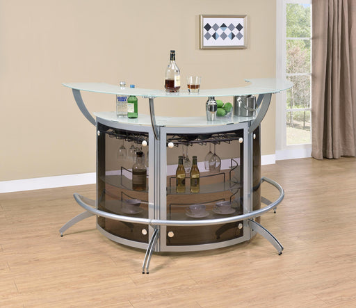 Dallas 2-shelf Curved Home Bar Silver and Frosted Glass (Set of 3) - Visions in Furniture (La Mirada, CA)