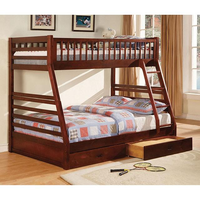 California II Cherry Twin/Full Bunk Bed w/ 2 Drawers Cherry, Walnut, Grey, &Oak - Visions in Furniture (La Mirada, CA)