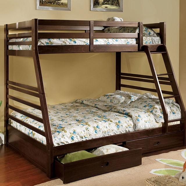 California II Cherry Twin/Full Bunk Bed w/ 2 Drawers Cherry, Walnut, Grey, &Oak - Visions in Furniture (La Mirada, CA)