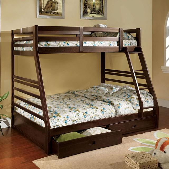 California II Cherry Twin/Full Bunk Bed w/ 2 Drawers Cherry, Walnut, Grey, &Oak - Visions in Furniture (La Mirada, CA)