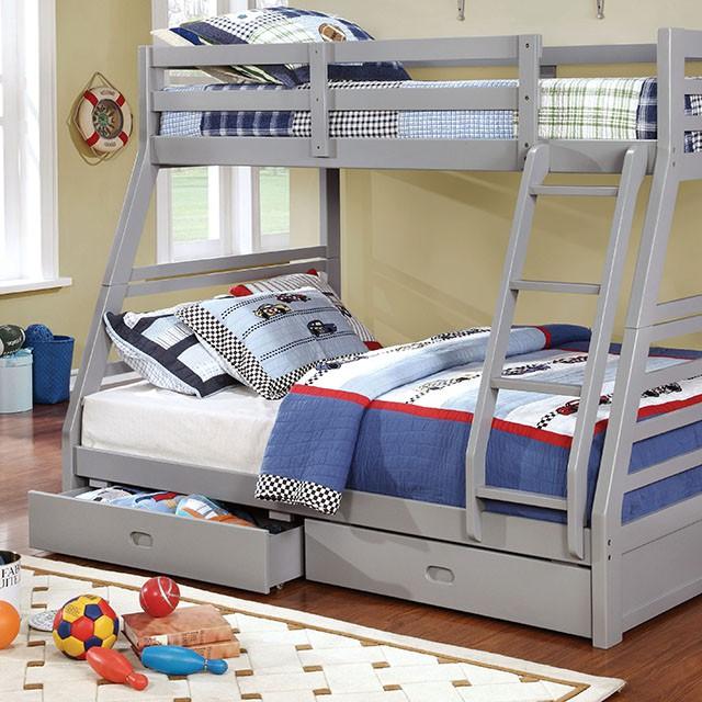 California II Cherry Twin/Full Bunk Bed w/ 2 Drawers Cherry, Walnut, Grey, &Oak - Visions in Furniture (La Mirada, CA)