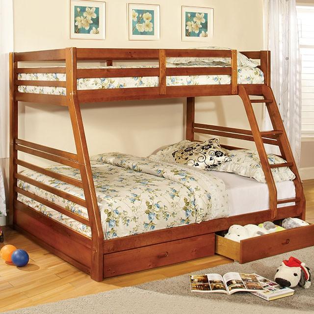 California II Cherry Twin/Full Bunk Bed w/ 2 Drawers Cherry, Walnut, Grey, &Oak - Visions in Furniture (La Mirada, CA)