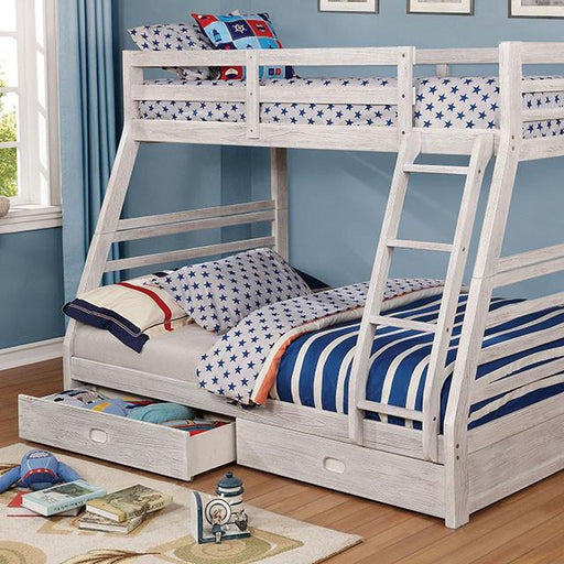 California III Wire-Brushed White Twin/Full Bunk Bed w/ 2 Drawers - Visions in Furniture (La Mirada, CA)