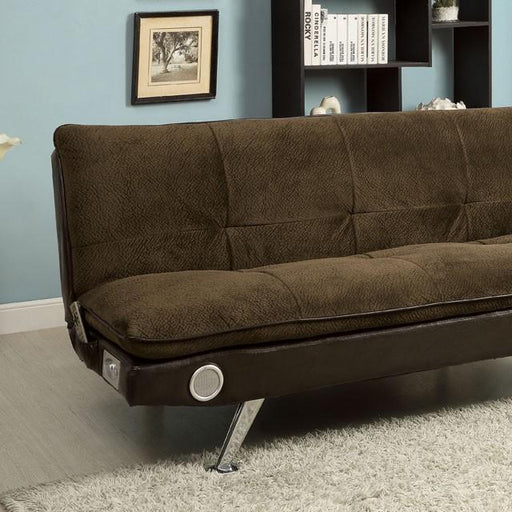 GALLAGHER Dark Brown/Chrome Futon Sofa w/ Bluetooth Speaker, Brown - Visions in Furniture (La Mirada, CA)