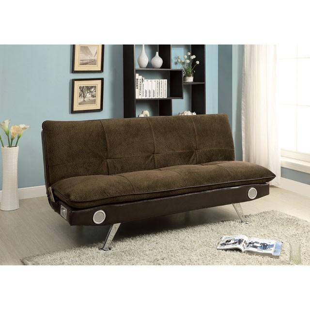 GALLAGHER Dark Brown/Chrome Futon Sofa w/ Bluetooth Speaker, Brown - Visions in Furniture (La Mirada, CA)