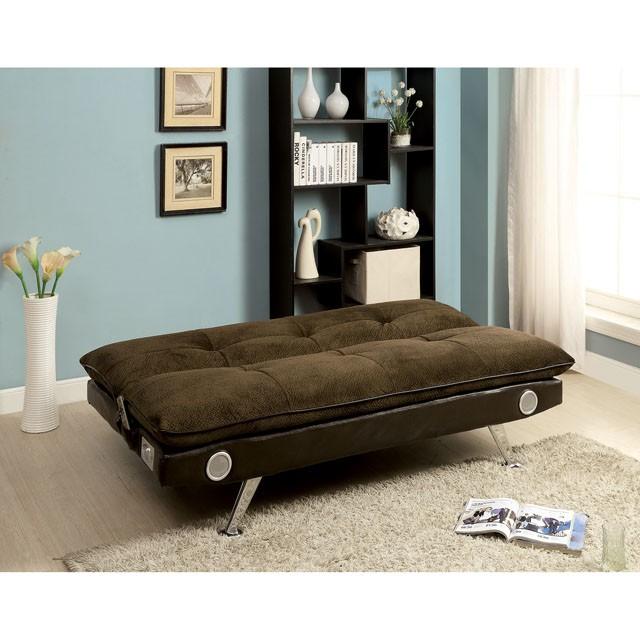 GALLAGHER Dark Brown/Chrome Futon Sofa w/ Bluetooth Speaker, Brown - Visions in Furniture (La Mirada, CA)