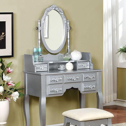Harriet Silver Vanity w/ Stool - Visions in Furniture (La Mirada, CA)