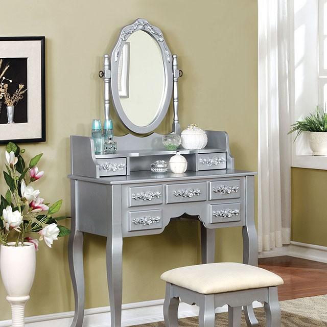 Harriet Silver Vanity w/ Stool - Visions in Furniture (La Mirada, CA)