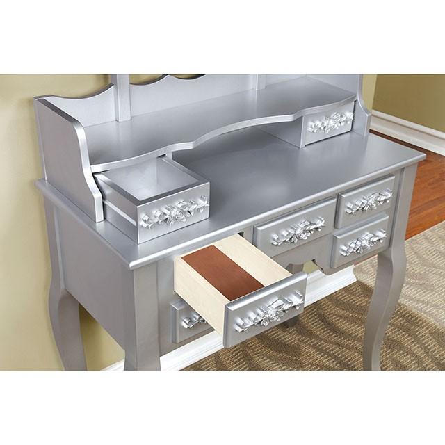 Harriet Silver Vanity w/ Stool - Visions in Furniture (La Mirada, CA)