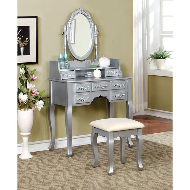 Harriet Silver Vanity w/ Stool - Visions in Furniture (La Mirada, CA)